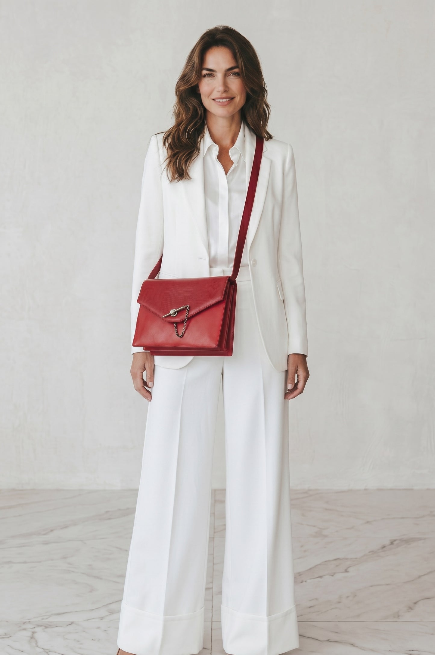 Modella in completo bianco indossa una borsa a tracolla Borse Vintage Gianni Versace in pelle rossa effetto lucertola