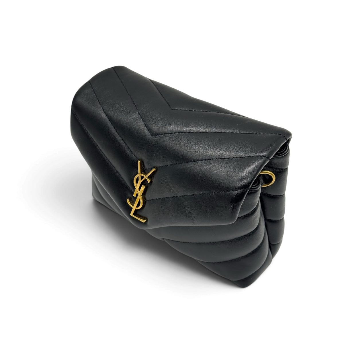 Borsa a tracolla Borse Vintage Saint Laurent in pelle nera trapuntata a chevron con logo metallico dorato