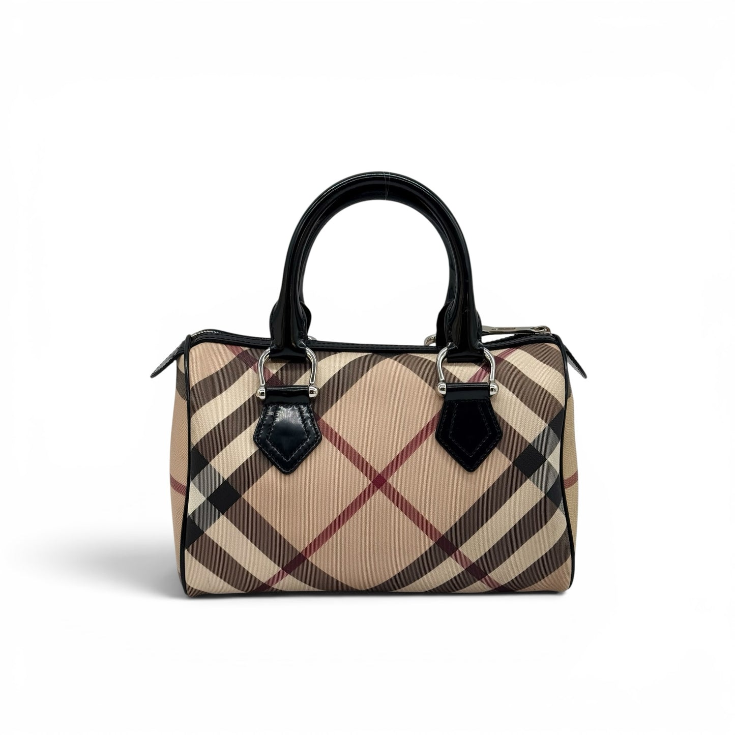 Borsa a mano Burberry Vintage con iconico motivo check beige, dettagli in vernice nera e finiture in metallo argentato.