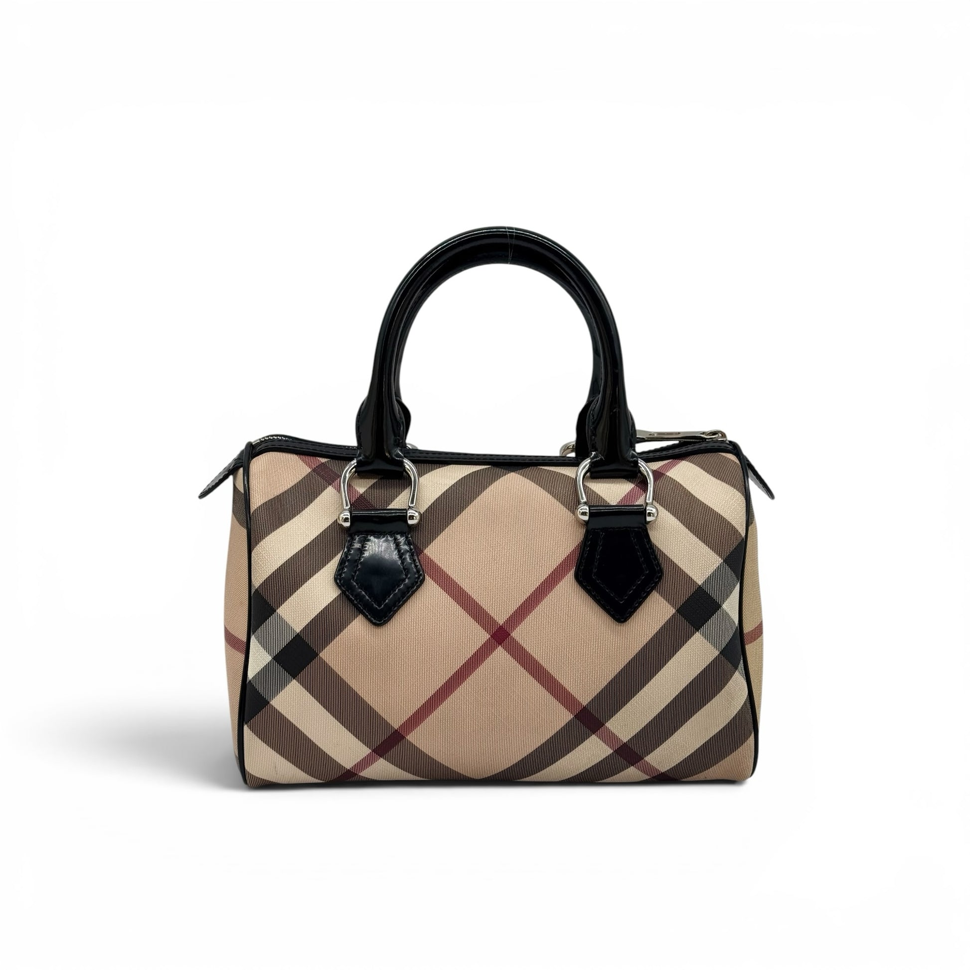 Borsa a mano Burberry Vintage con iconico motivo check beige, dettagli in vernice nera e finiture in metallo argentato.