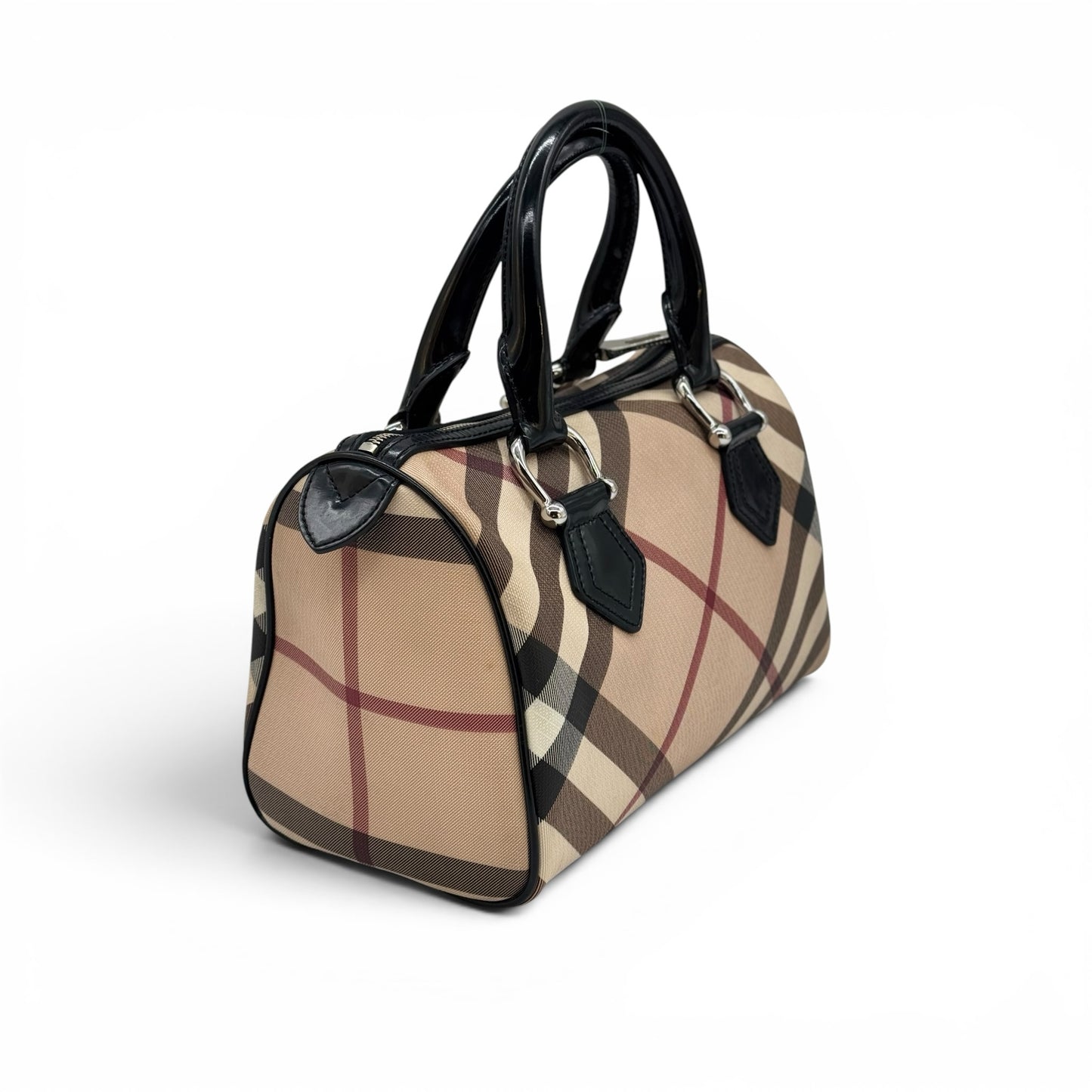 Borsa a mano Burberry Bowling di Borse Vintage con iconico motivo check beige e dettagli in vernice nera lucida.