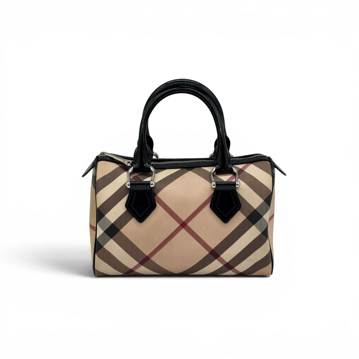 Borsa a mano Burberry Borse Vintage modello bowling con iconico motivo check beige e dettagli in vernice nera lucida.