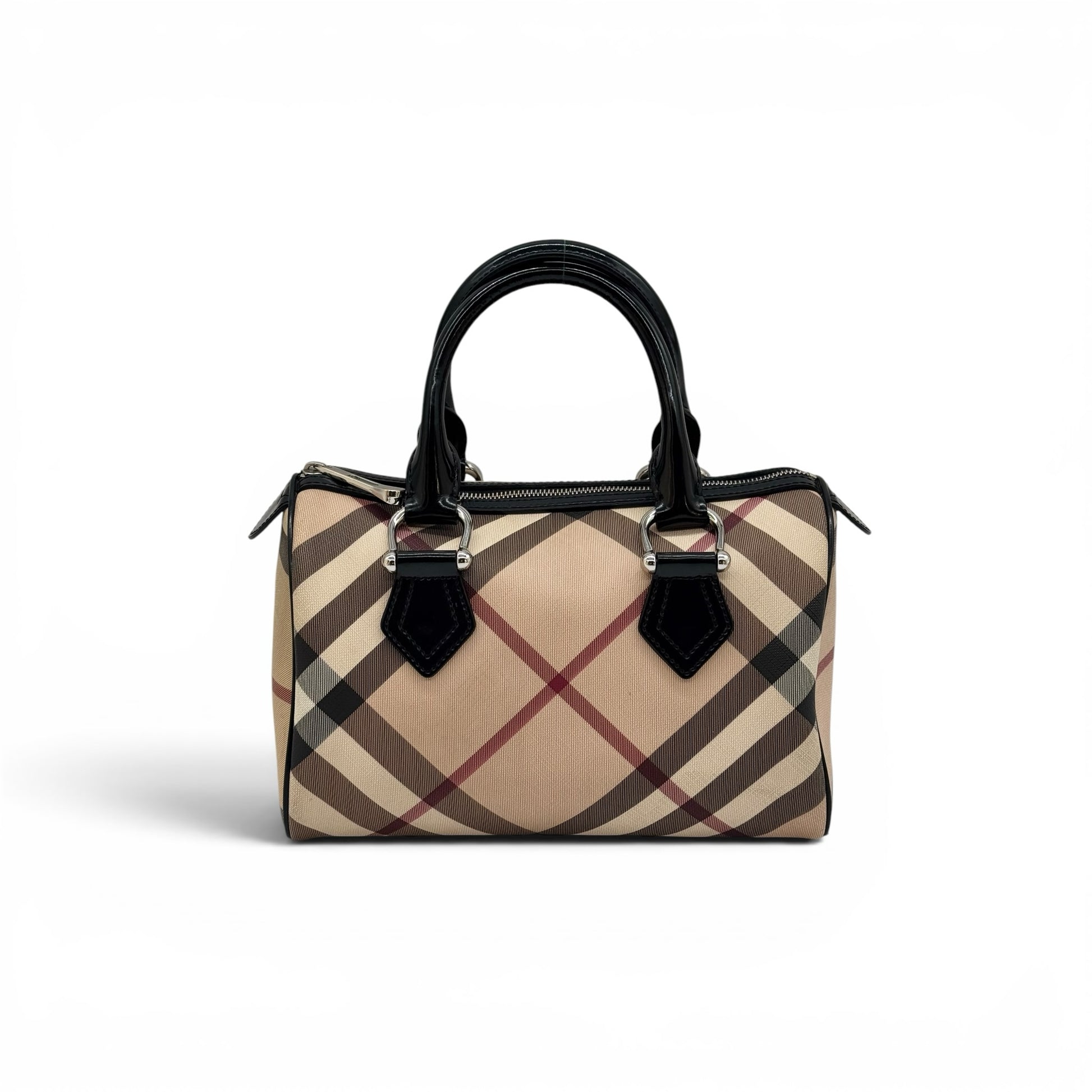 Borsa a mano Burberry Borse Vintage modello bowling con iconico motivo check beige e dettagli in vernice nera lucida.