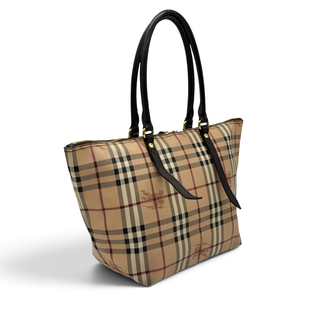 Borsa tote Borse Vintage Burberry in tela a quadri beige con manici in pelle scura e dettagli in metallo dorato