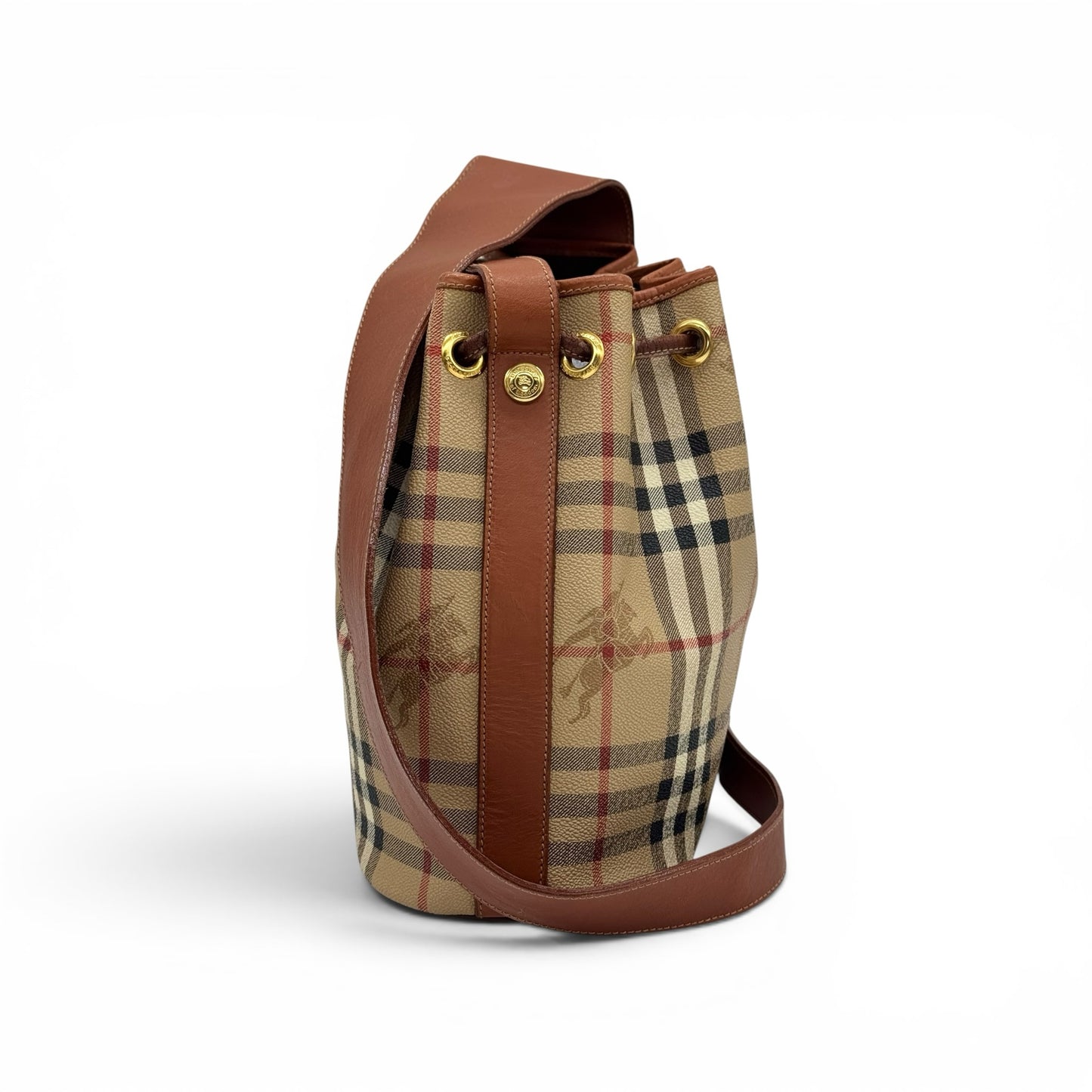 Borsa a secchiello Borse Vintage Burberrys in tela check beige e pelle marrone con tracolla e dettagli dorati
