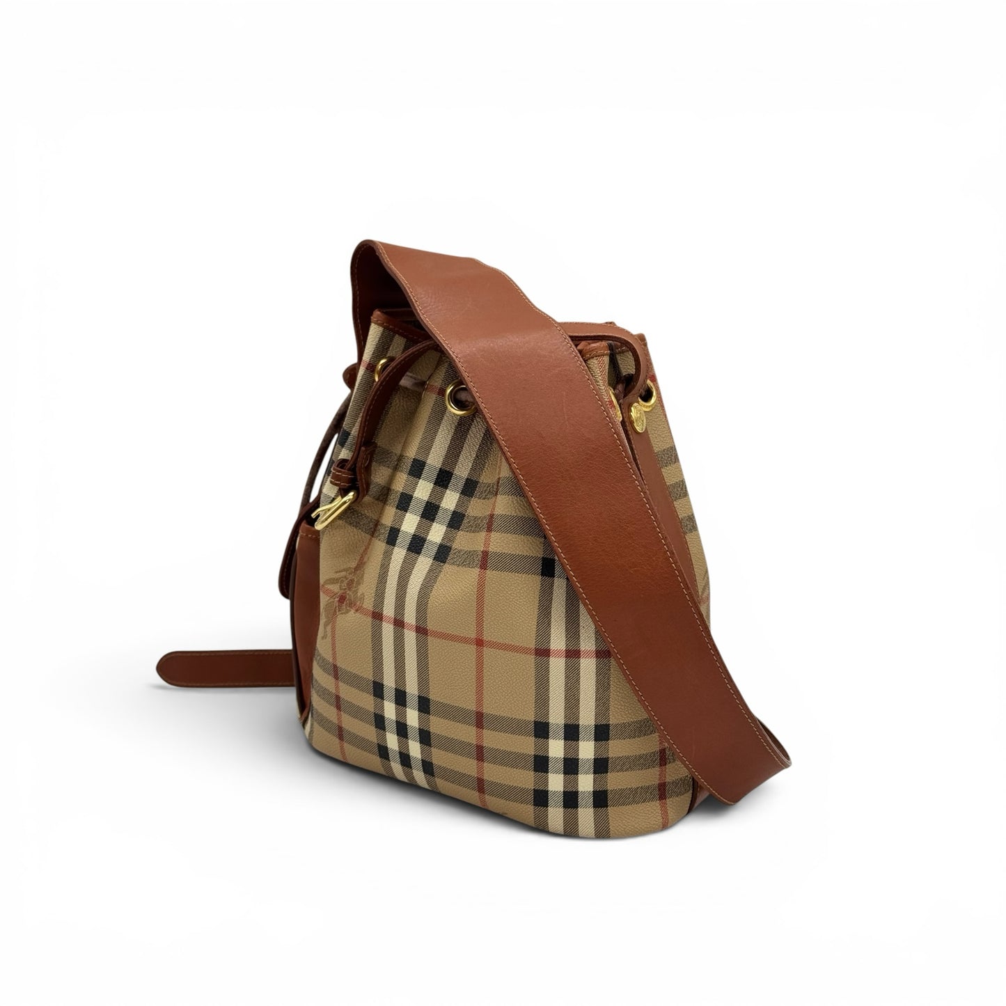 Borsa a secchiello Borse Vintage Burberrys in tela check beige e pelle marrone con chiusura a coulisse e tracolla