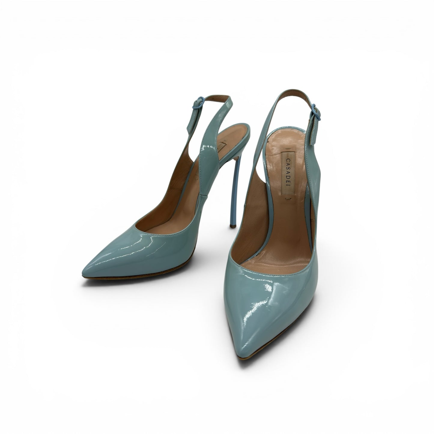 Décolleté slingback Borse Vintage Casadei in vernice azzurro pastello con tacco a spillo e punta affusolata