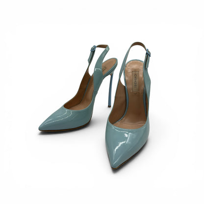 Décolleté slingback Borse Vintage Casadei in vernice azzurro pastello con tacco a spillo e punta affusolata