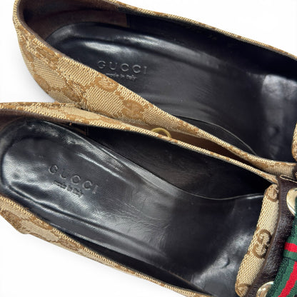 Décolleté Borse Vintage Gucci in tela GG Supreme beige e marrone con dettaglio morsetto e nastro Web verde e rosso