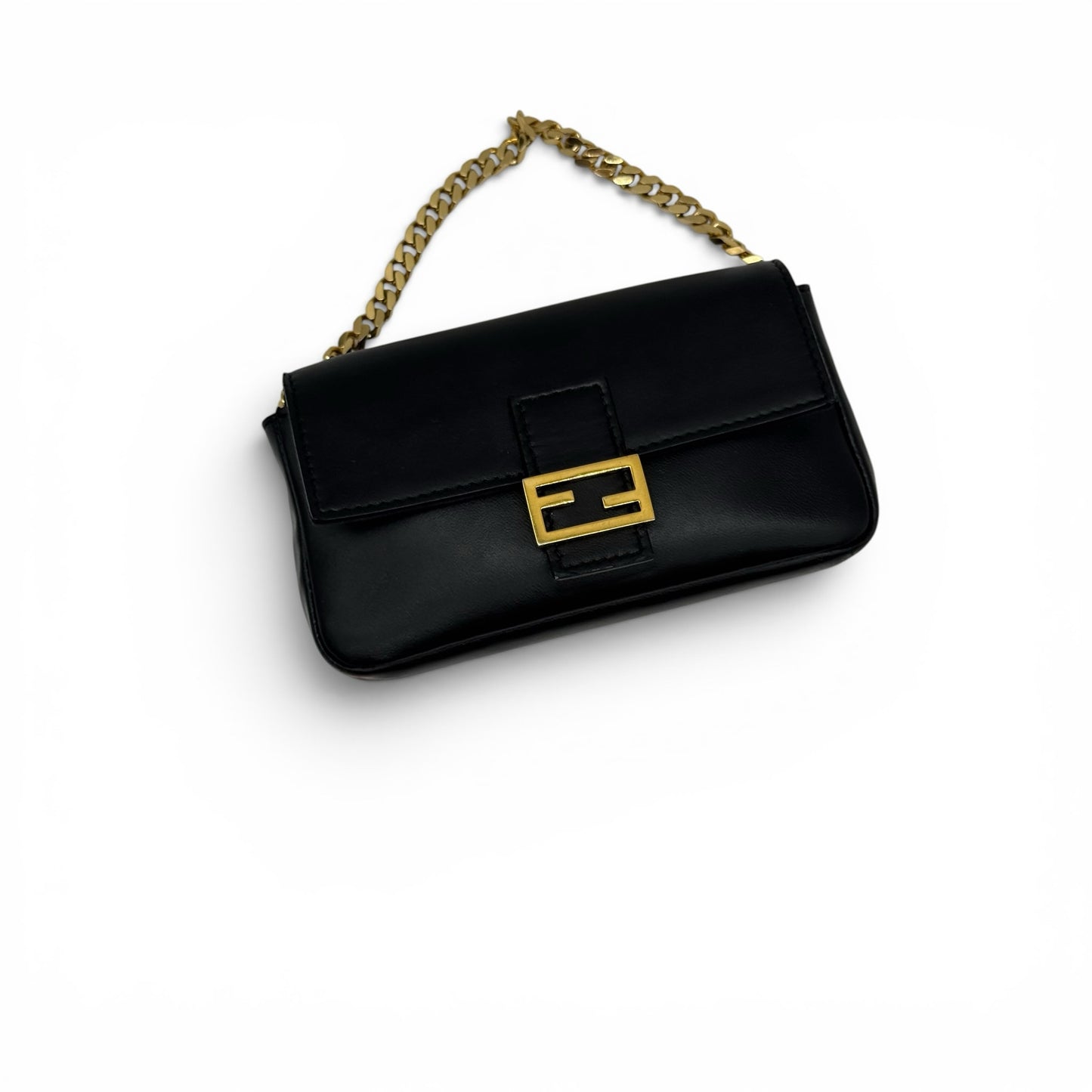 Borsa a spalla Borse Vintage Fendi Baguette in pelle nera con logo FF dorato e tracolla a catena metallica