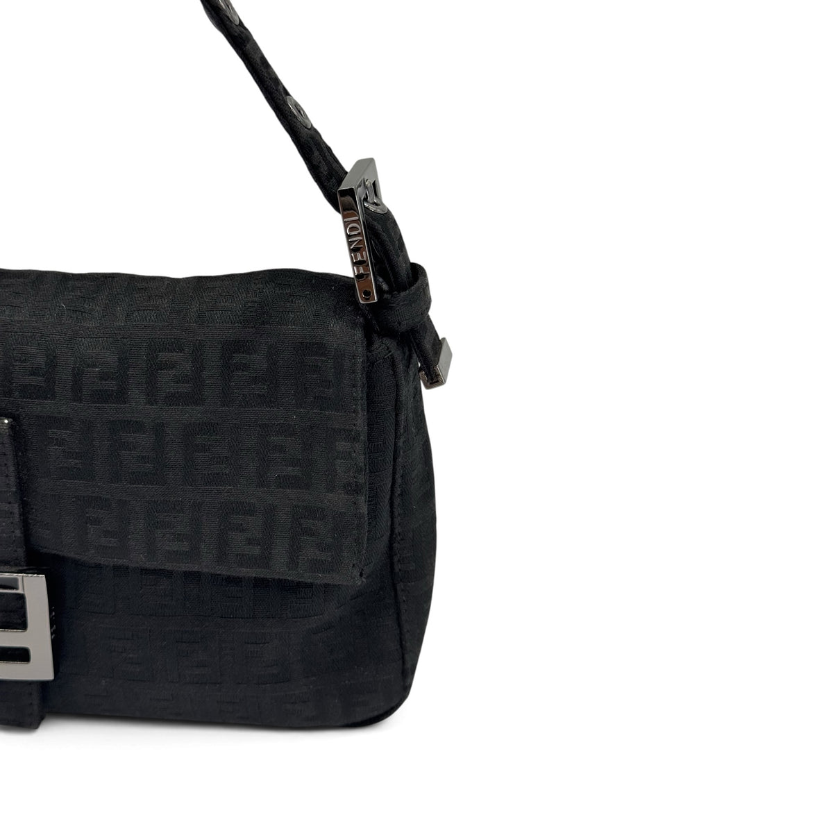 Borsa a spalla Borse Vintage FENDI Baguette nera in tessuto tecnico con motivo monogramma e chiusura in metallo