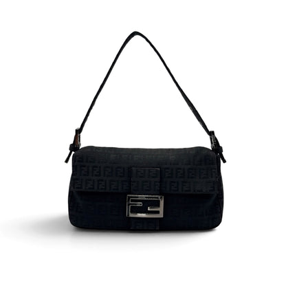 Borsa a spalla FENDI Baguette nera in tessuto tecnico con motivo monogramma e chiusura in metallo argentato Borse Vintage