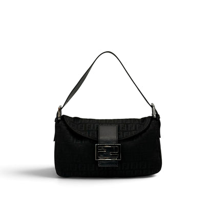 Borsa a spalla Borse Vintage FENDI Baguette nera in tessuto tecnico con logo monogrammato e fibbia metallica frontale