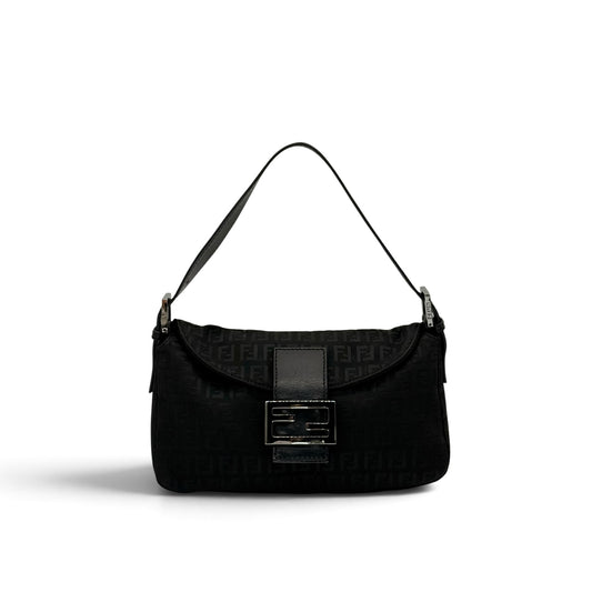 Borsa a spalla Borse Vintage FENDI Baguette nera in tessuto tecnico con logo monogrammato e fibbia metallica frontale