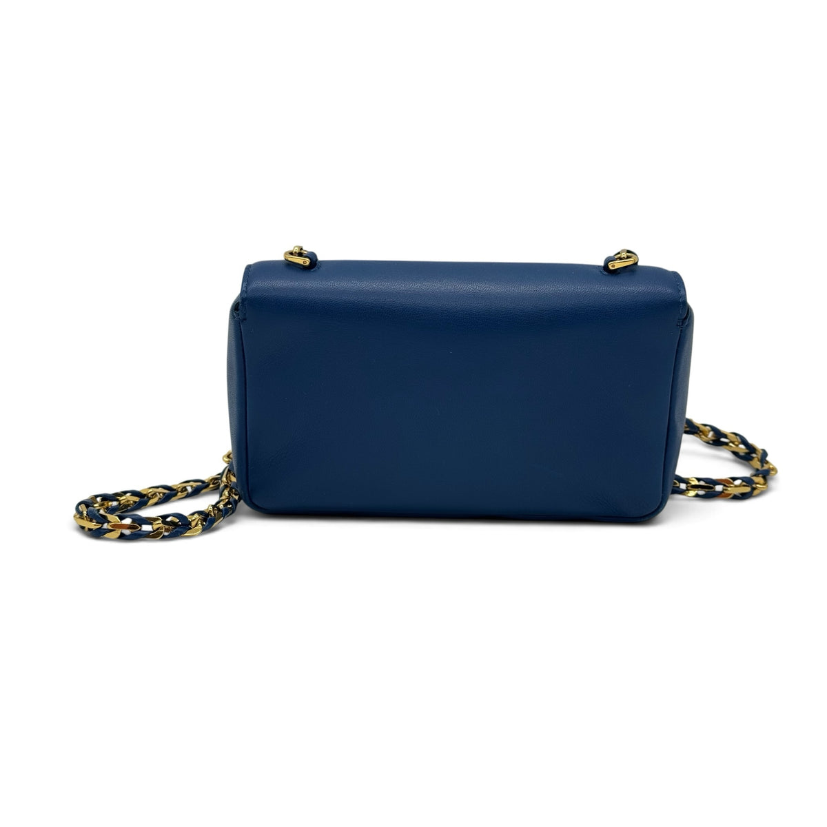 Borsa a tracolla Borse Vintage Fendi in pelle blu con catena dorata e dettagli intrecciati, vista posteriore