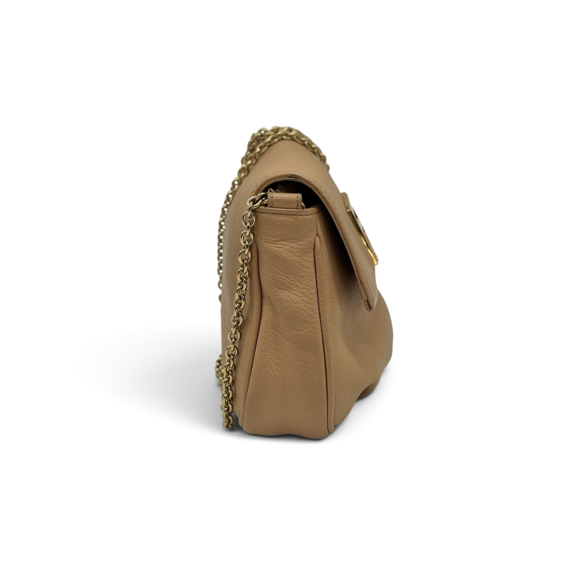 Borsa a spalla Borse Vintage Fendi in pelle color nude con dettagli plissettati e tracolla a catena dorata, vista lato