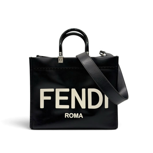 Borsa tote Borse Vintage Fendi in pelle nera con logo bianco in rilievo, manici rigidi e tracolla rimovibile.