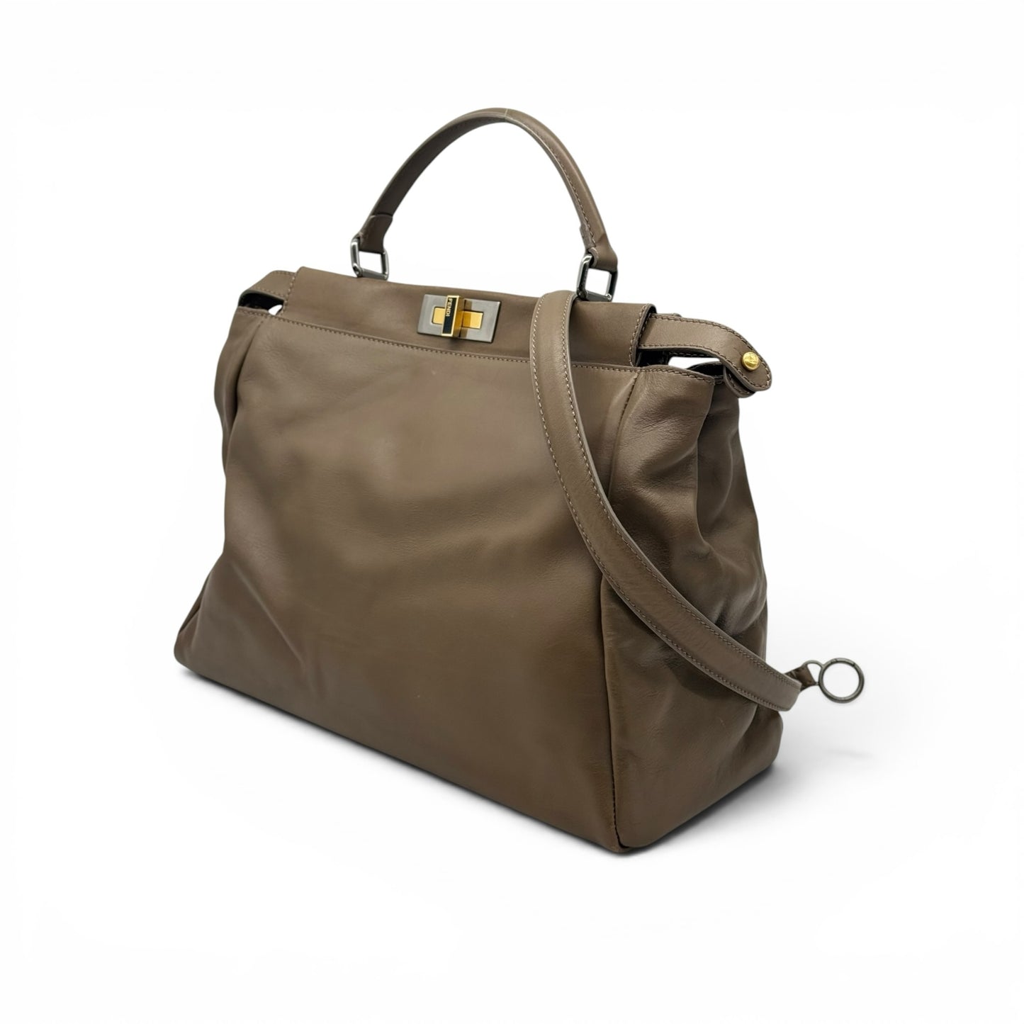 Borsa a mano FENDI Peekaboo di Borse Vintage in pelle color tortora con chiusura a girello e tracolla rimovibile.