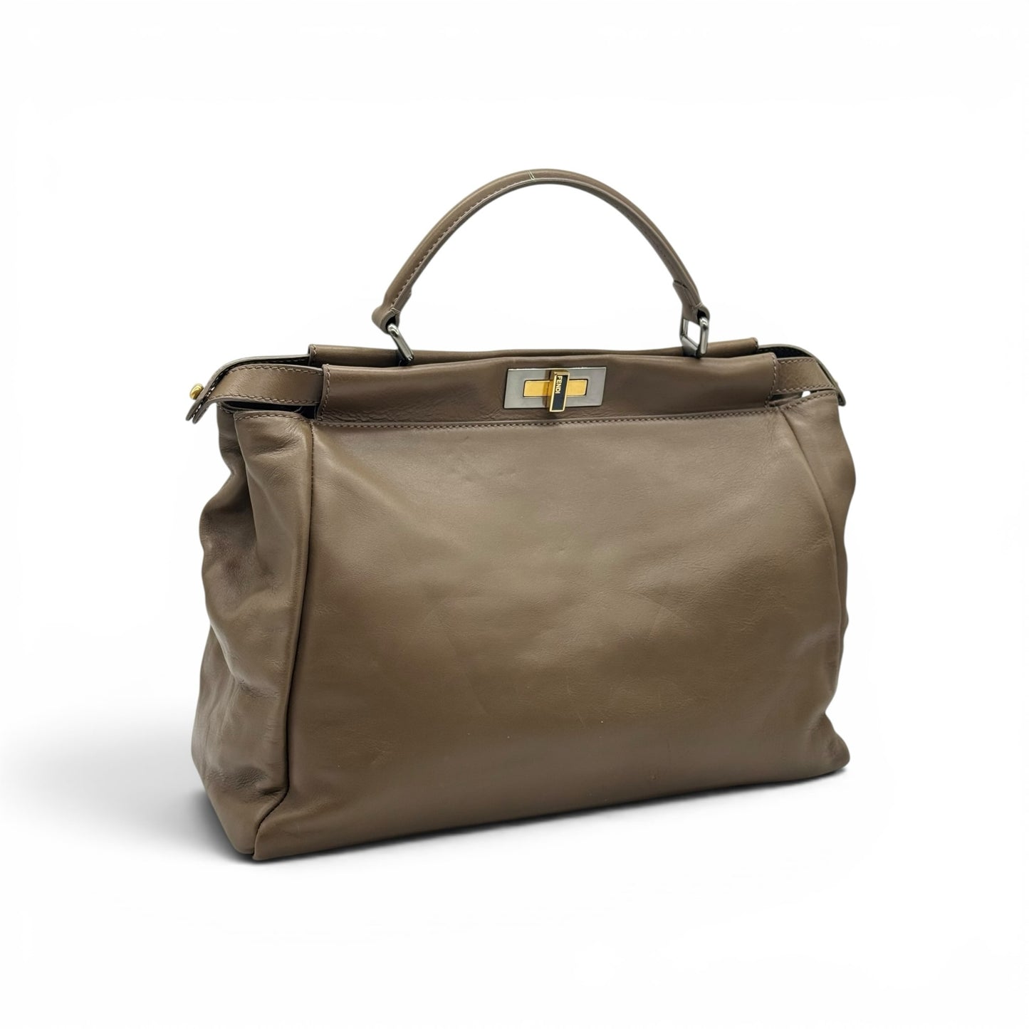Borsa a mano FENDI Peekaboo Borse Vintage in pelle color tortora con chiusura a girello metallica e manico rigido.