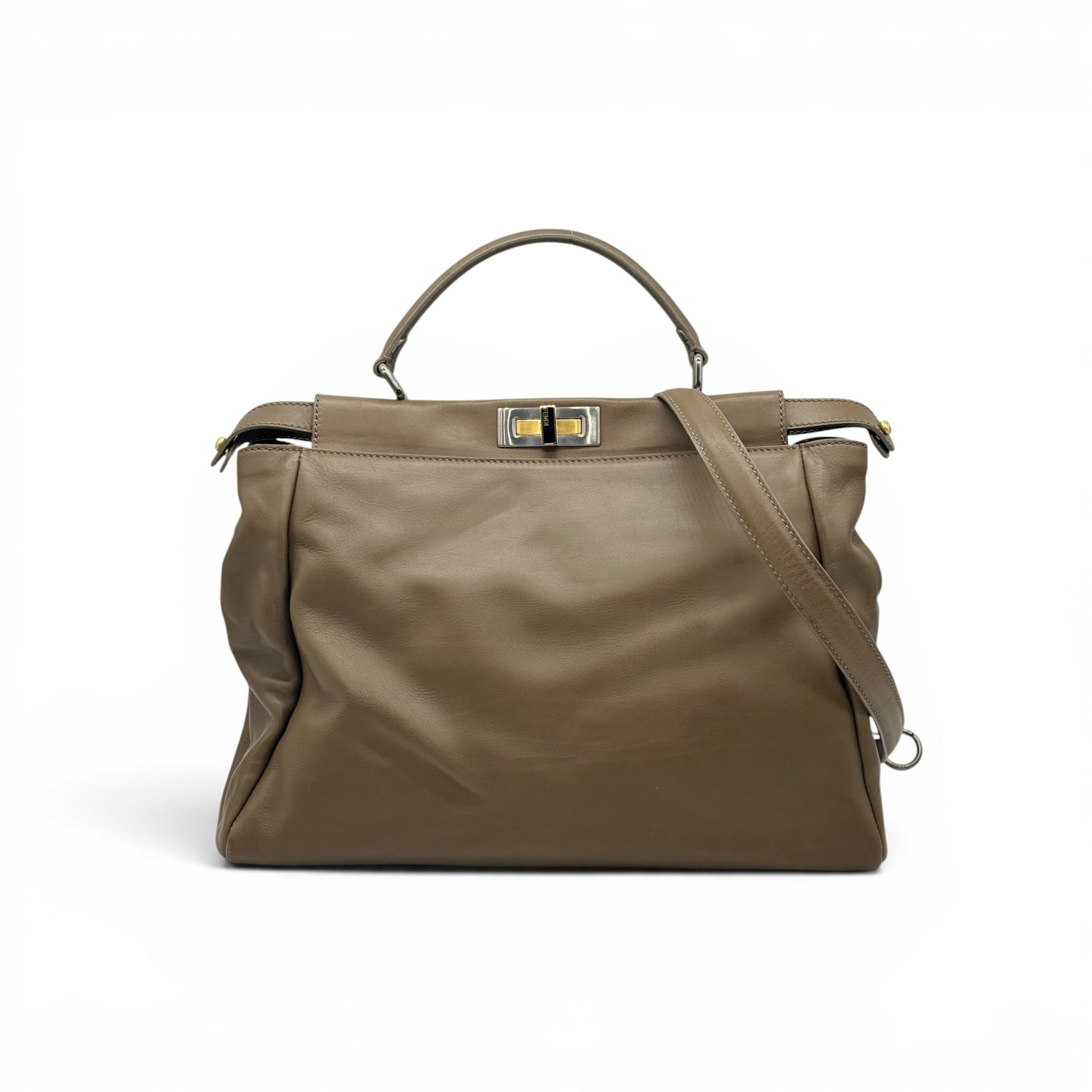 Borsa a mano FENDI Peekaboo Borse Vintage in pelle color tortora con chiusura a girello e tracolla rimovibile.