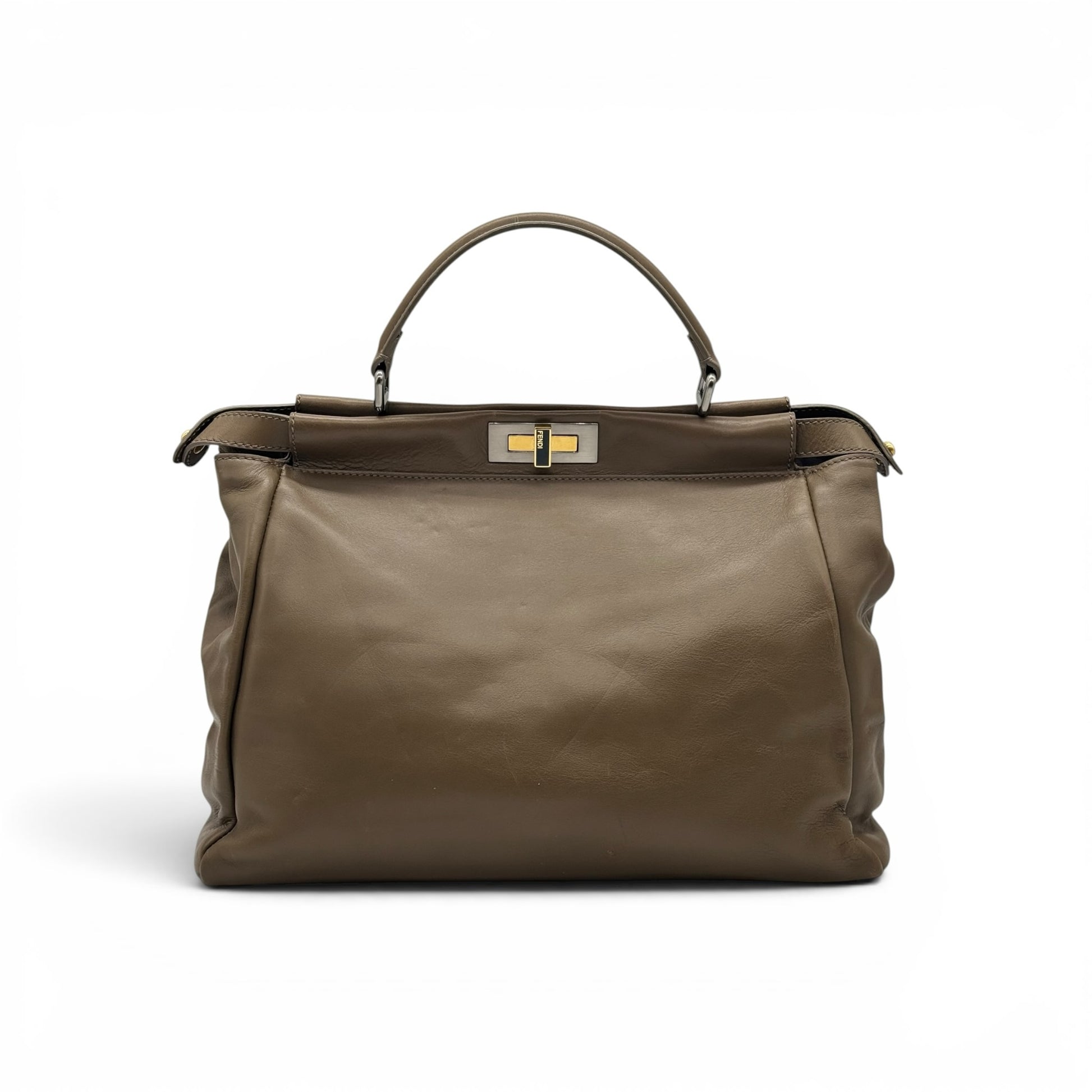 Borsa a mano Borse Vintage Fendi Peekaboo in pelle color tortora con chiusura a girello metallica e manico rigido
