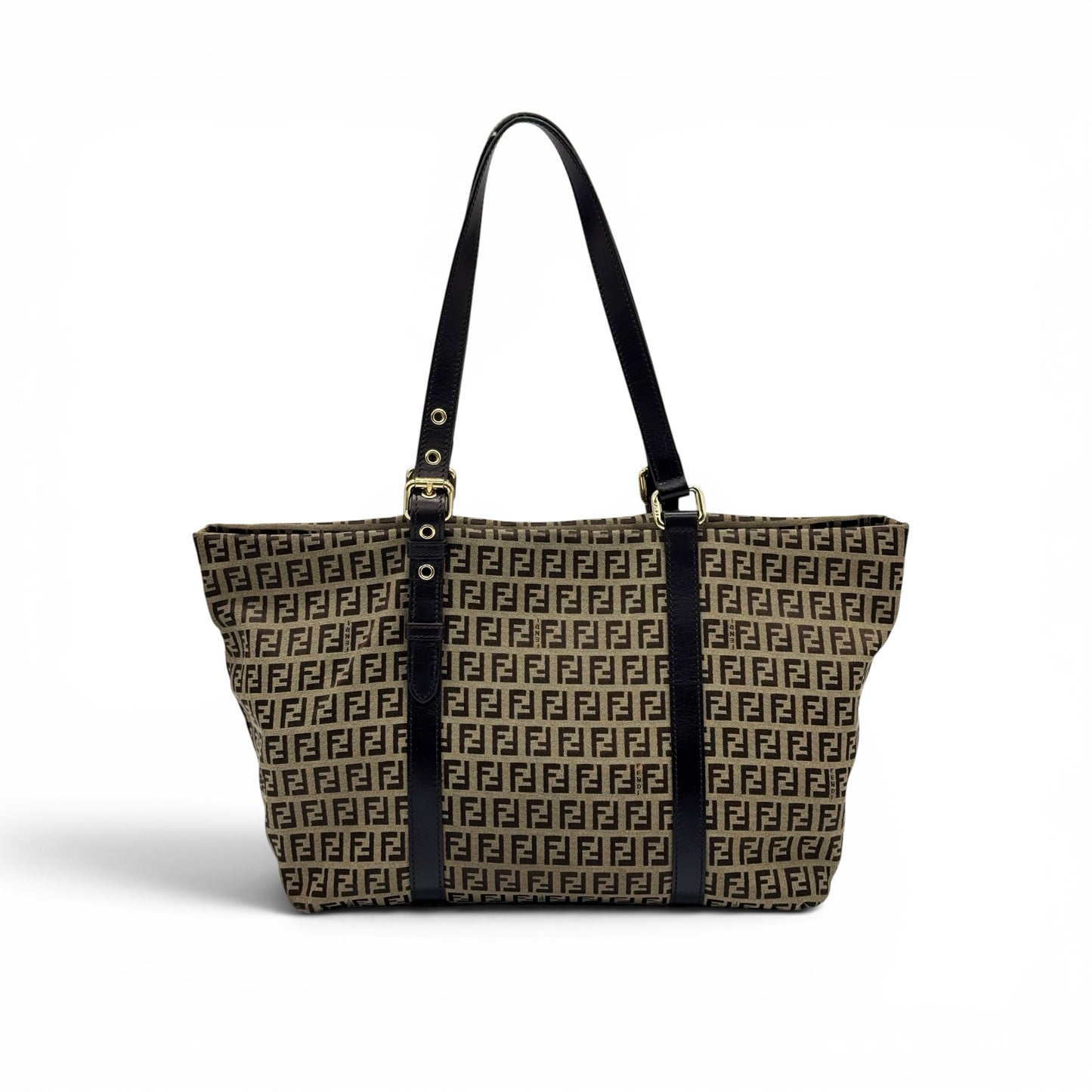 Borsa tote Borse Vintage Fendi con iconico motivo Zucca marrone, tessuto tecnico e manici in pelle scura regolabili.