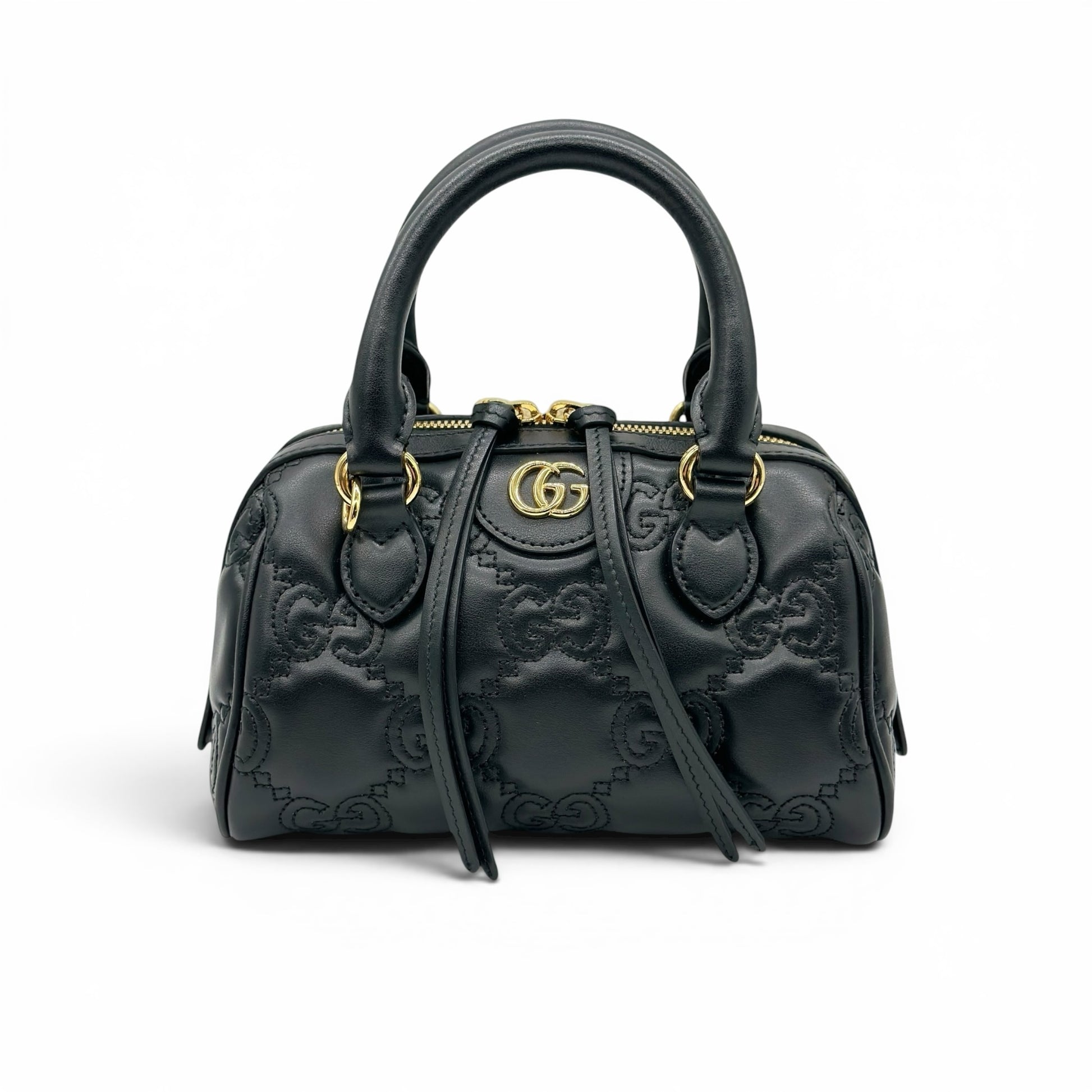 Borsa a mano Borse Vintage Gucci GG Matelassé in pelle nera con logo dorato e lavorazione trapuntata geometrica
