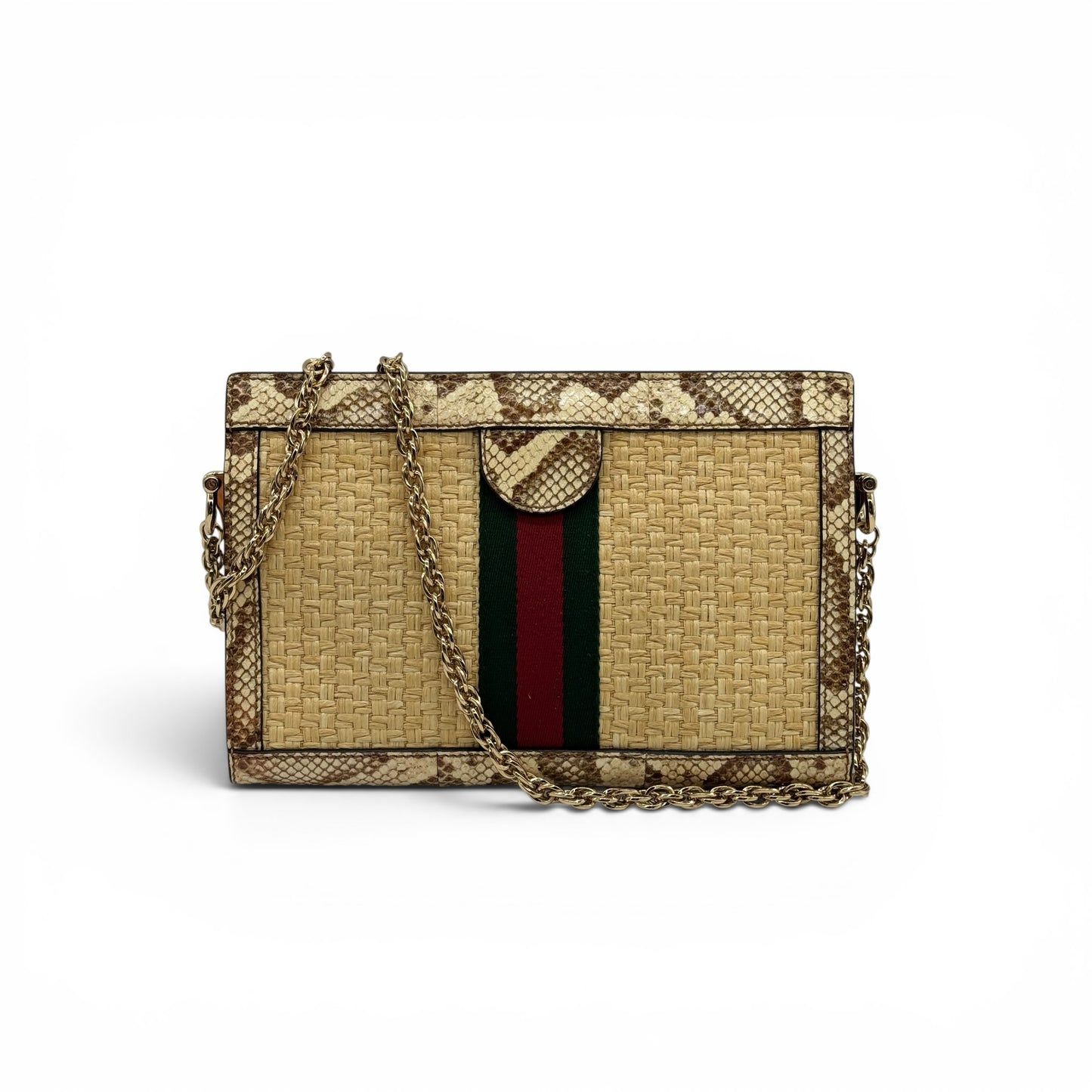 Borsa a spalla Borse Vintage Gucci in paglia intrecciata, pelle pitonata, banda Web e tracolla a catena dorata.