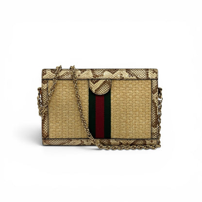 Borsa a spalla Borse Vintage Gucci in paglia intrecciata, pelle pitonata, banda Web e tracolla a catena dorata.