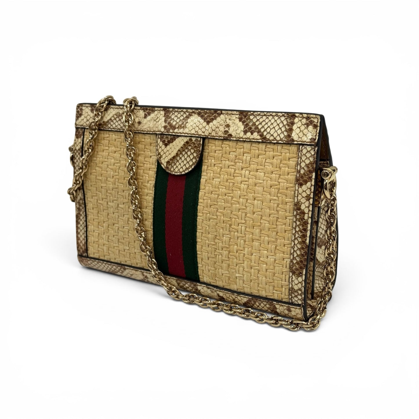 Borsa a spalla Borse Vintage Gucci in paglia intrecciata e pelle pitonata con banda Web e tracolla a catena dorata