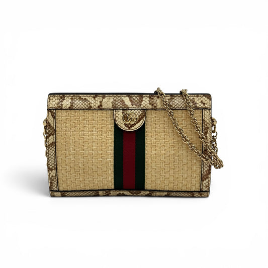 Borsa a spalla Borse Vintage Gucci in paglia intrecciata e pelle pitonata con banda Web e catena dorata