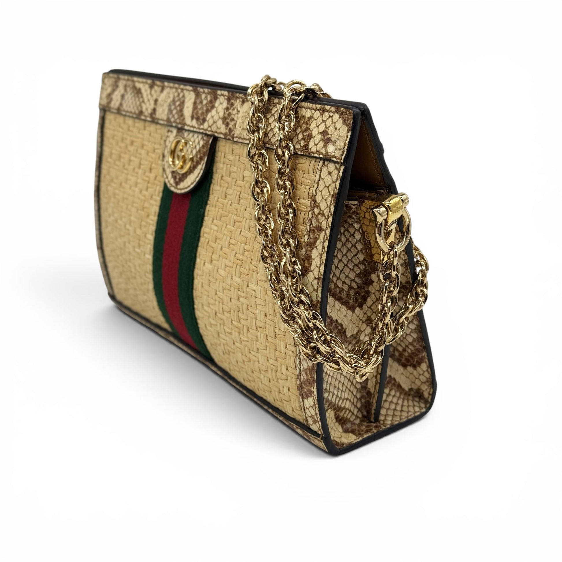 Borsa a spalla Borse Vintage Gucci in paglia intrecciata e pelle pitonata con banda Web, catena dorata e logo GG.