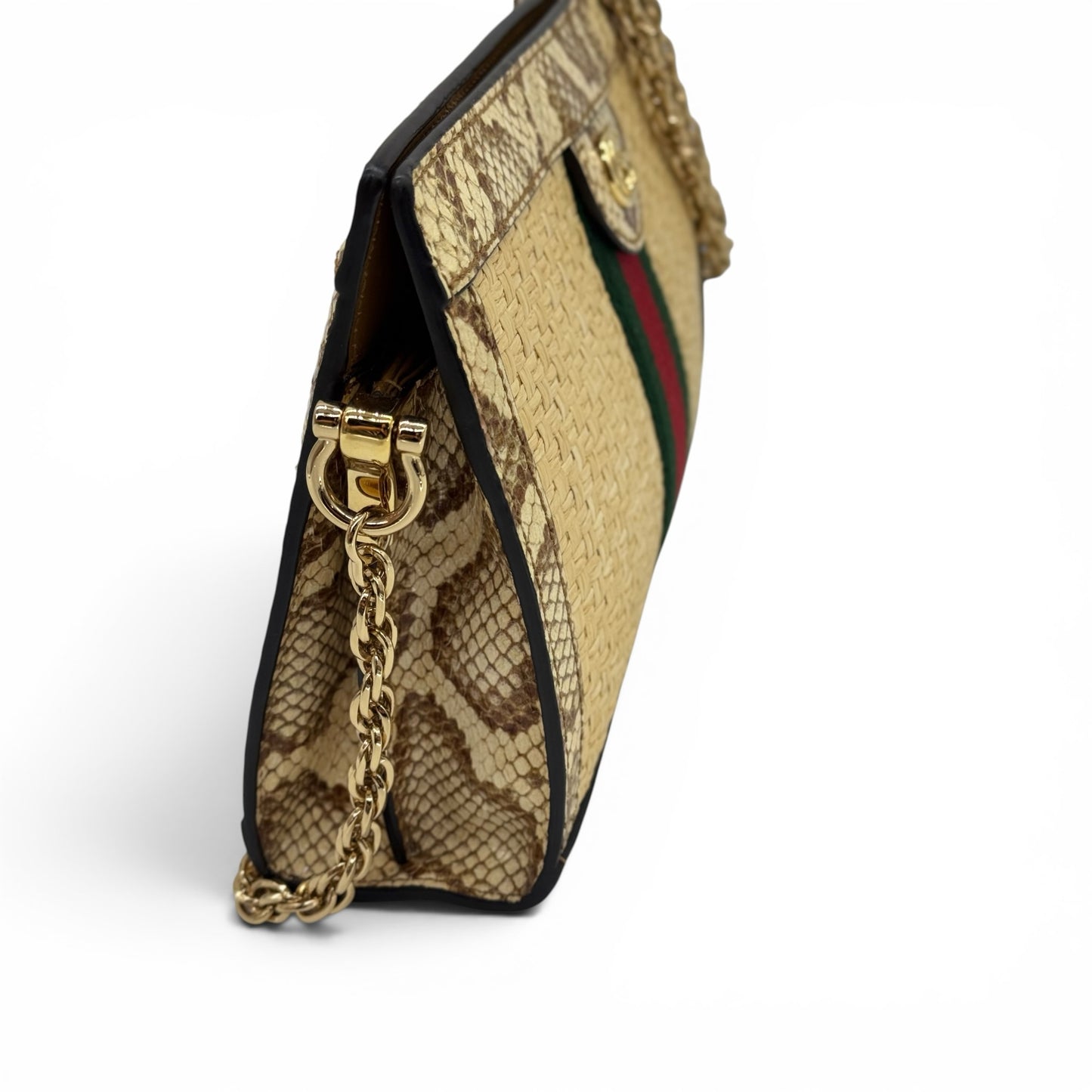 Borsa a spalla Borse Vintage Gucci in paglia intrecciata e pelle pitonata con banda Web e tracolla a catena dorata