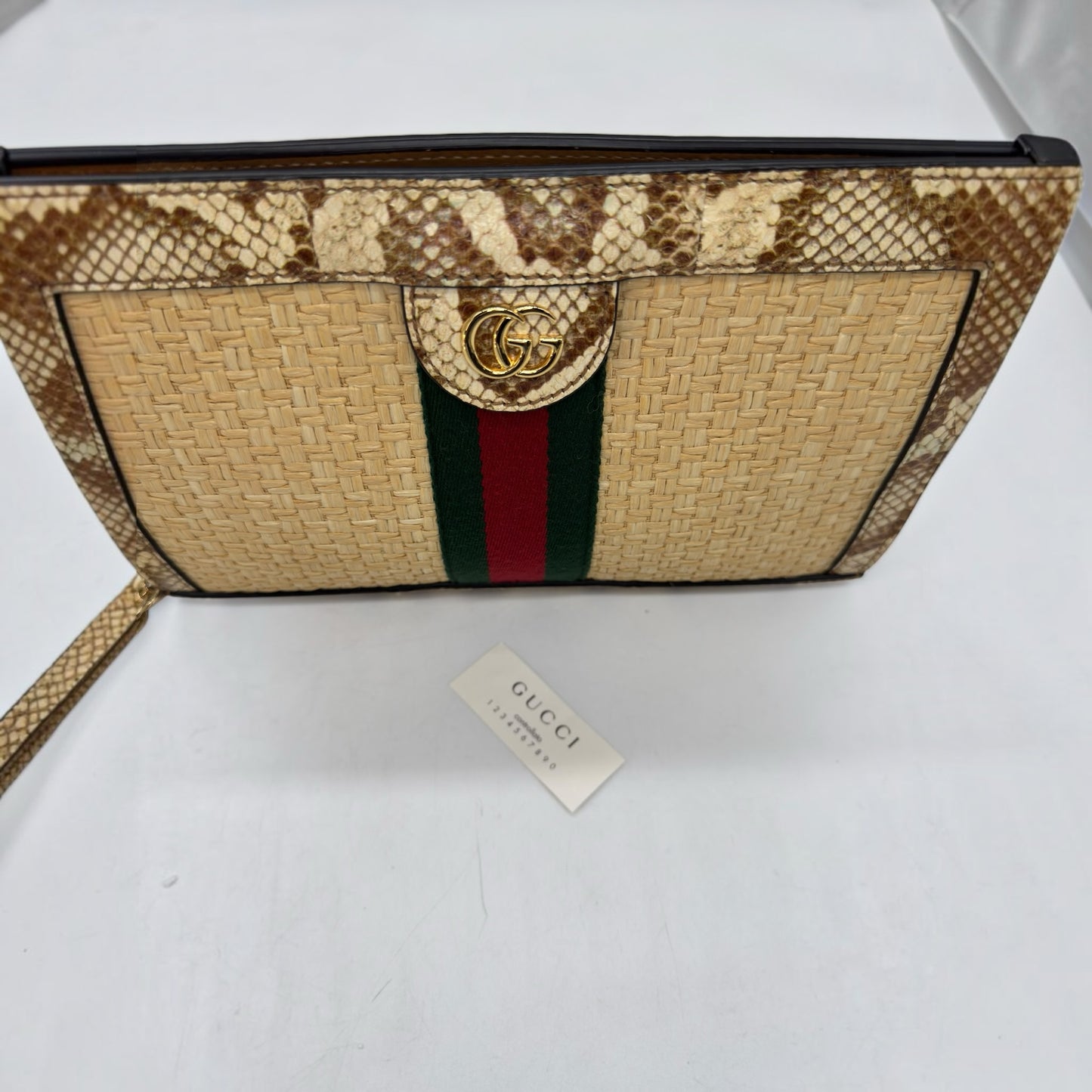 Borsa a spalla Borse Vintage Gucci in paglia intrecciata e pelle pitonata con banda Web e logo GG dorato