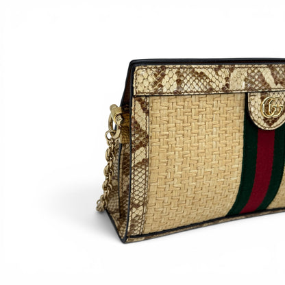 Borsa a spalla Borse Vintage Gucci in paglia intrecciata, pelle effetto pitone, banda Web e logo GG dorato con catena.