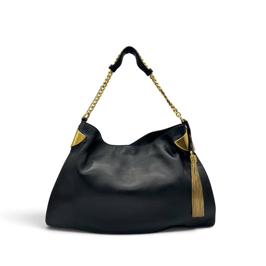 Borsa a spalla Borse Vintage Gucci in pelle nera con tracolla a catena dorata, nappa decorativa e dettagli in metallo