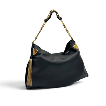 Borsa a spalla Borse Vintage Gucci in pelle nera con tracolla a catena dorata, dettagli metallici e nappa decorativa