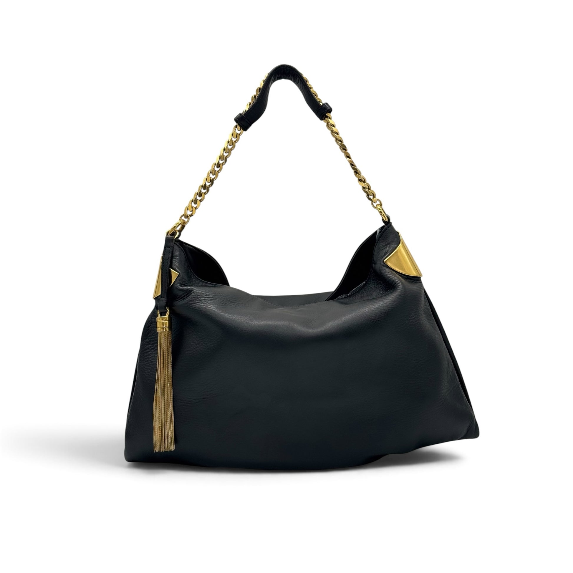 Borsa a spalla Borse Vintage Gucci in pelle nera con tracolla a catena dorata, nappa decorativa e dettagli in metallo.