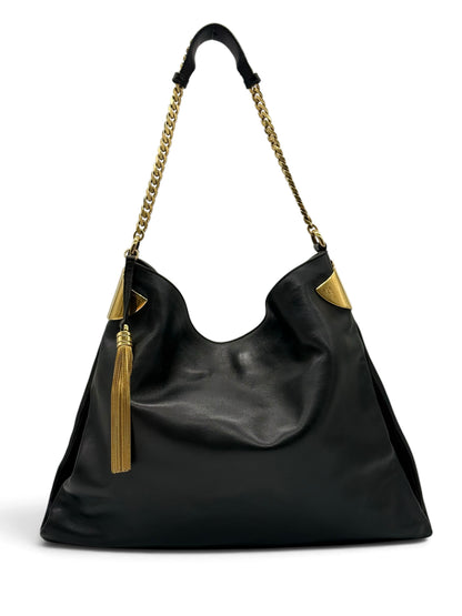 Borsa a spalla Borse Vintage Gucci in pelle nera con tracolla a catena dorata e nappa decorativa