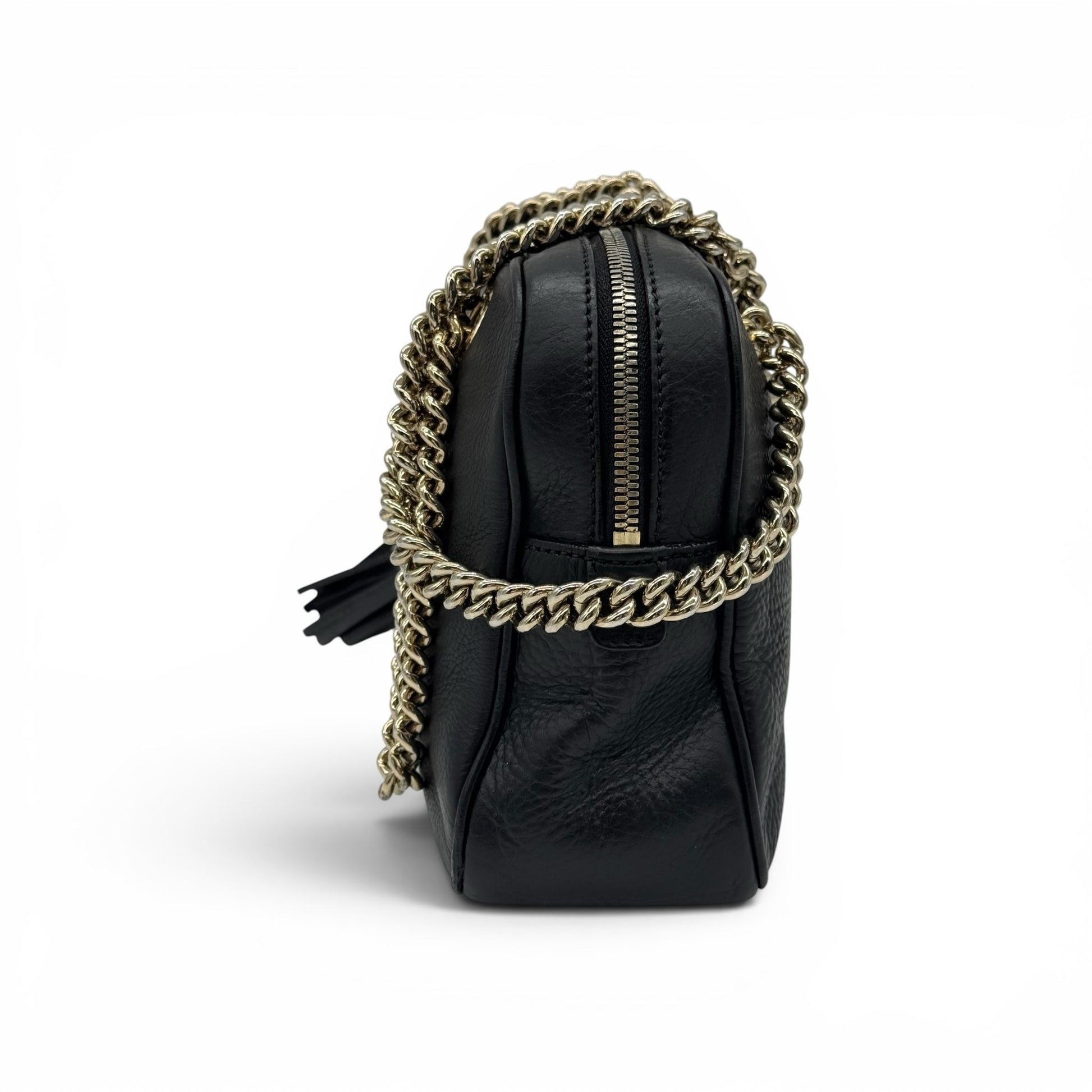 Borsa a spalla Borse Vintage Gucci in pelle nera martellata con tracolla a catena dorata e nappina laterale