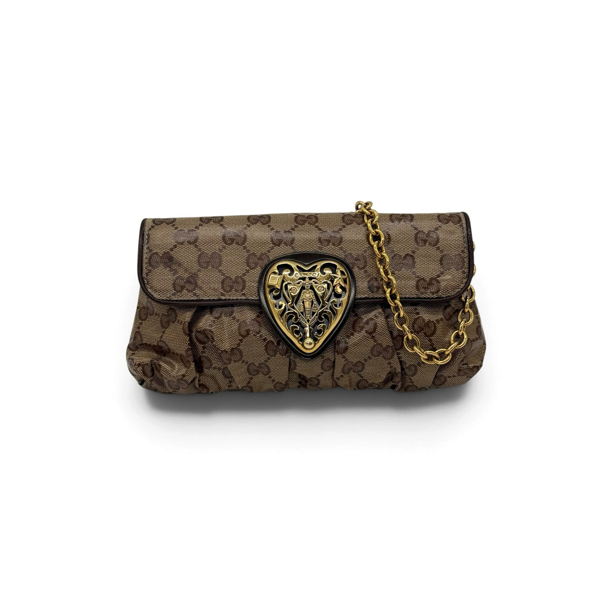 Borsa a spalla Borse Vintage Gucci in tela GG marrone con dettaglio a cuore dorato e tracolla a catena