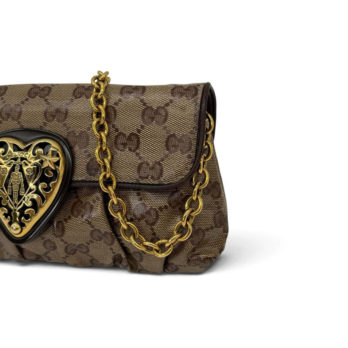 Borsa a spalla Borse Vintage Gucci in tela GG marrone con dettaglio a cuore dorato e tracolla a catena