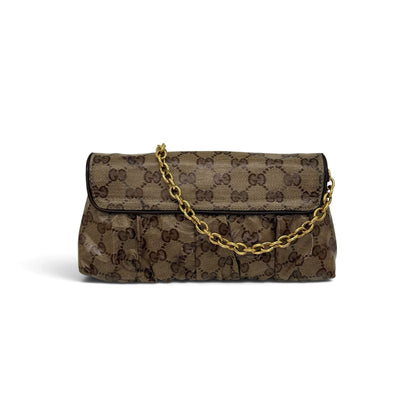 Borsa a spalla Borse Vintage Gucci in tela GG marrone con dettagli arricciati e tracolla a catena color oro