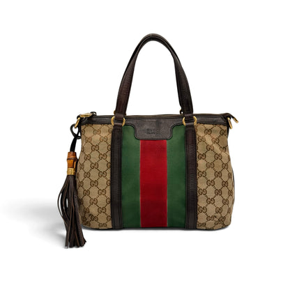 Borsa a spalla Borse Vintage Gucci in tela GG Supreme con banda Web verde e rossa, finiture in pelle e nappa bambù.