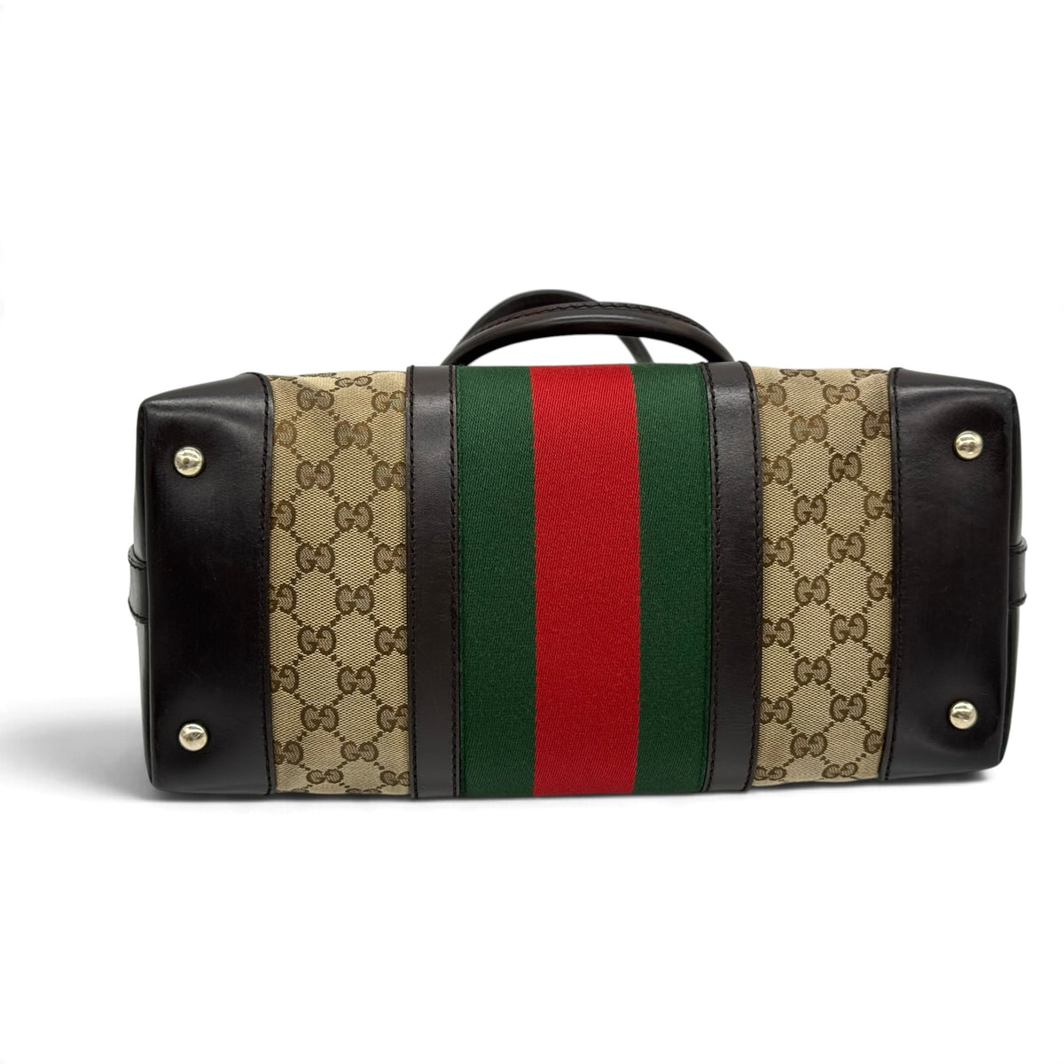 Base della borsa Borse Vintage Gucci in tela GG Supreme con banda Web verde e rossa e dettagli in pelle marrone