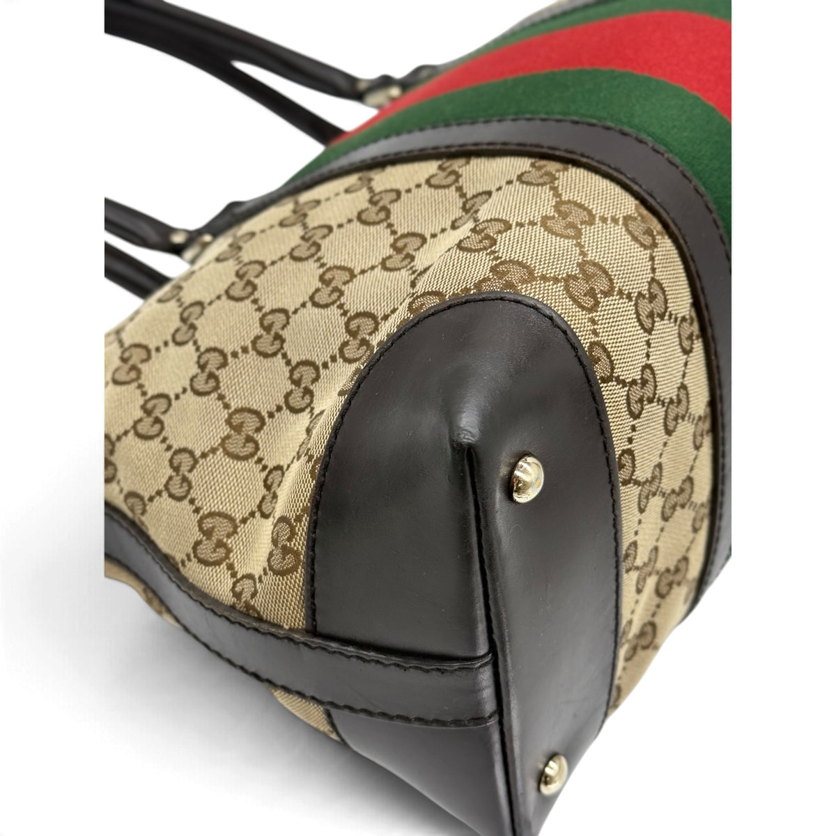 Borsa a spalla Borse Vintage Gucci in tela GG Supreme beige con dettagli in pelle marrone e banda Web verde e rossa