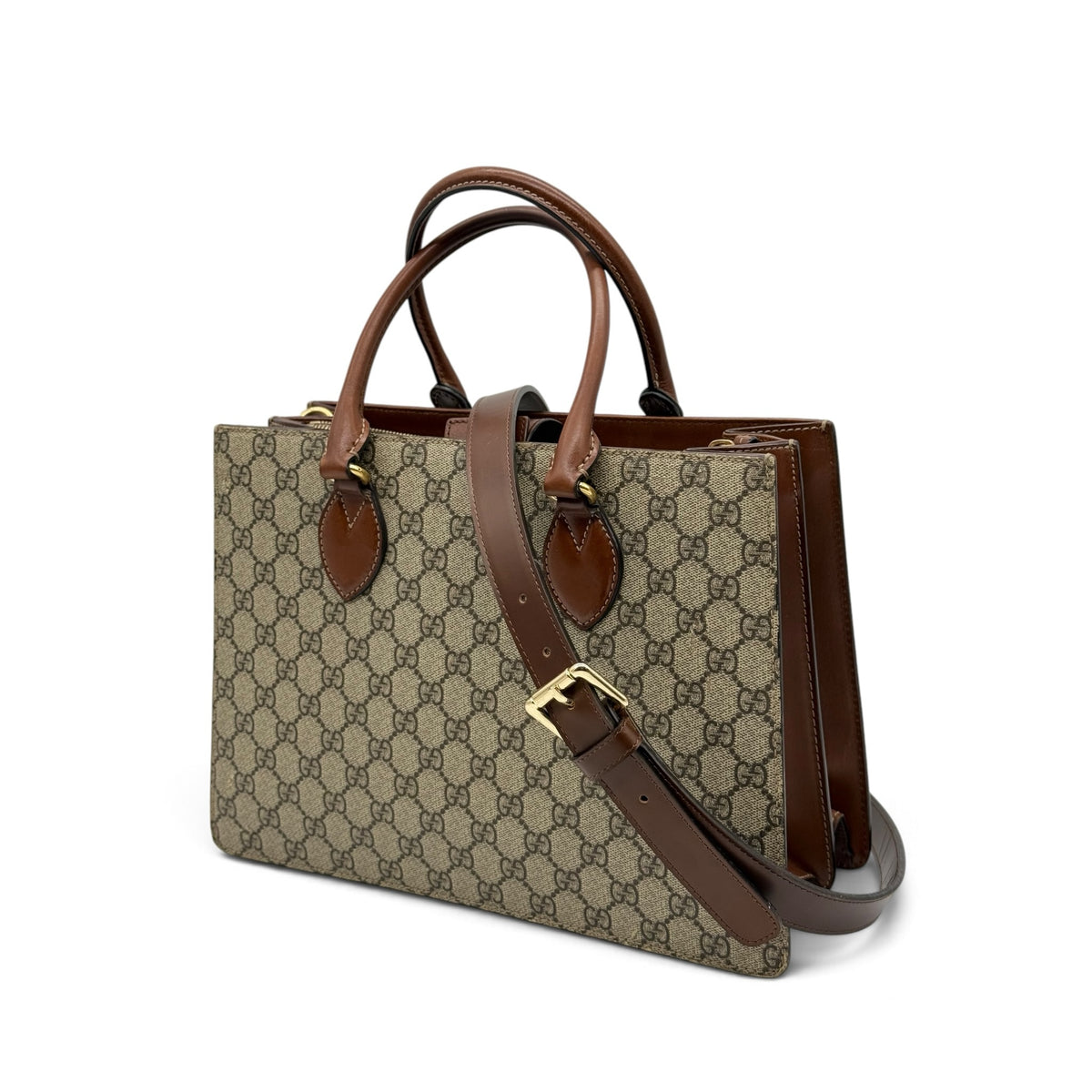 Borsa tote Borse Vintage Gucci in tela monogrammata beige con finiture e tracolla in pelle marrone.