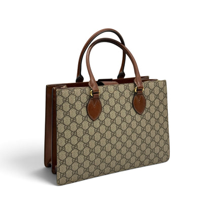 Borsa tote Borse Vintage Gucci in tela monogrammata beige con manici e dettagli in pelle marrone