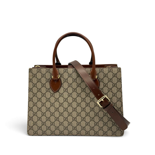 Borsa tote Borse Vintage Gucci in tela monogrammata beige con manici e tracolla regolabile in pelle marrone