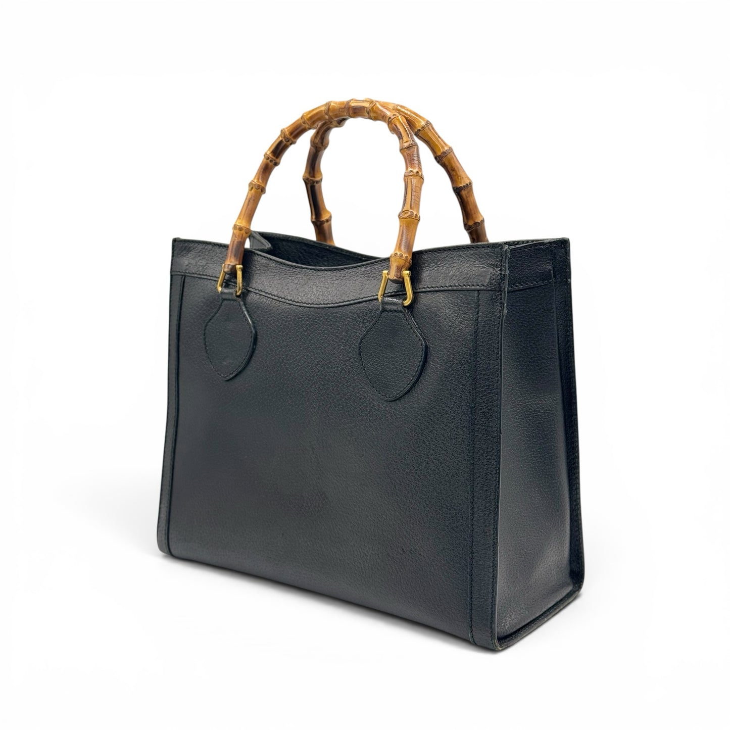 Borsa tote Borse Vintage Gucci in pelle nera granulata con iconici manici in bambù naturale e design strutturato